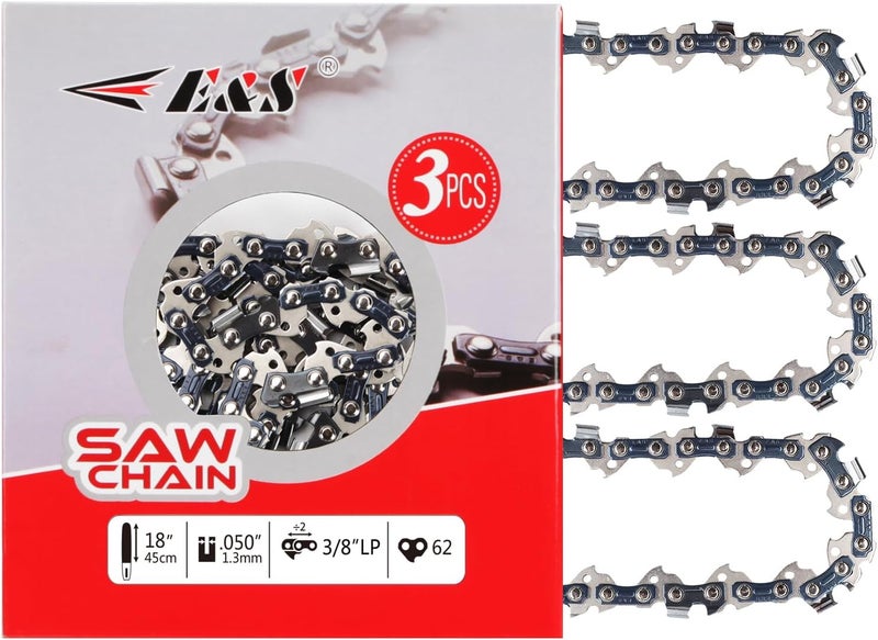 ES 3 Pack 18 Inch Chainsaw Chain 3/8" LP Pitch .050" Gauge 62 Drive Links Semi-Chisel Chain Saw Chains for Husqvarna, Poulan, Craftsman, Greenworks and More Chainsaw Brands - Image 1